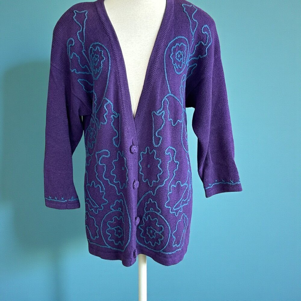 Carole Little Vintage 80s 90s Purple Embroidered Oversized Cardigan Sweater